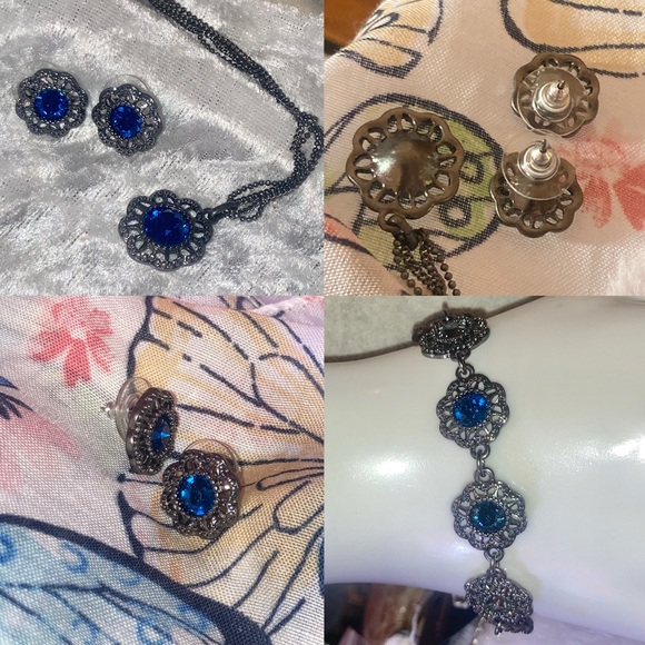 Blue Crystal & Hematite Statement Necklace Earrings Set - Picture 8 of 12